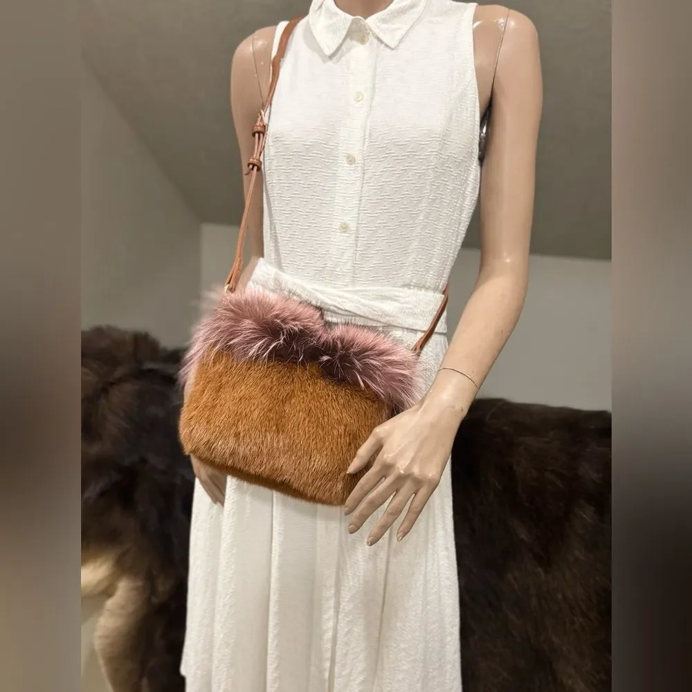 Handmade Real Mink Fur with Finn Raccoon Fur Foldover Flap Bag & 2 Strap Styles